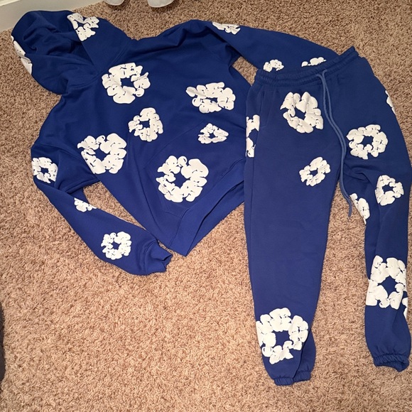 Denim Tears Other - Blue Graphic Hoodie & Jogger Set - White Floral Clusters